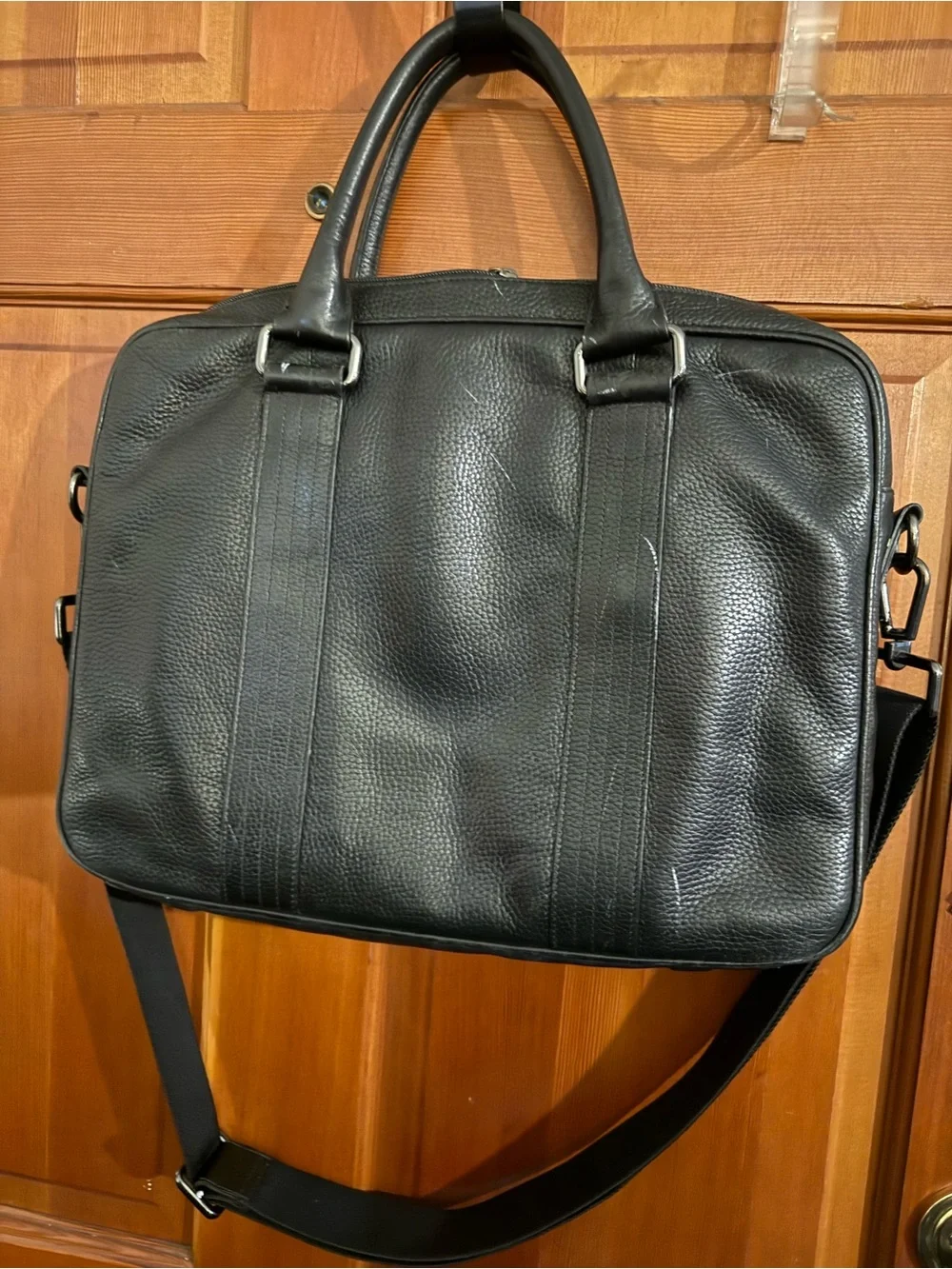 Boss Black Pebbled Leather Laptop Briefcase with Shoulder Strap